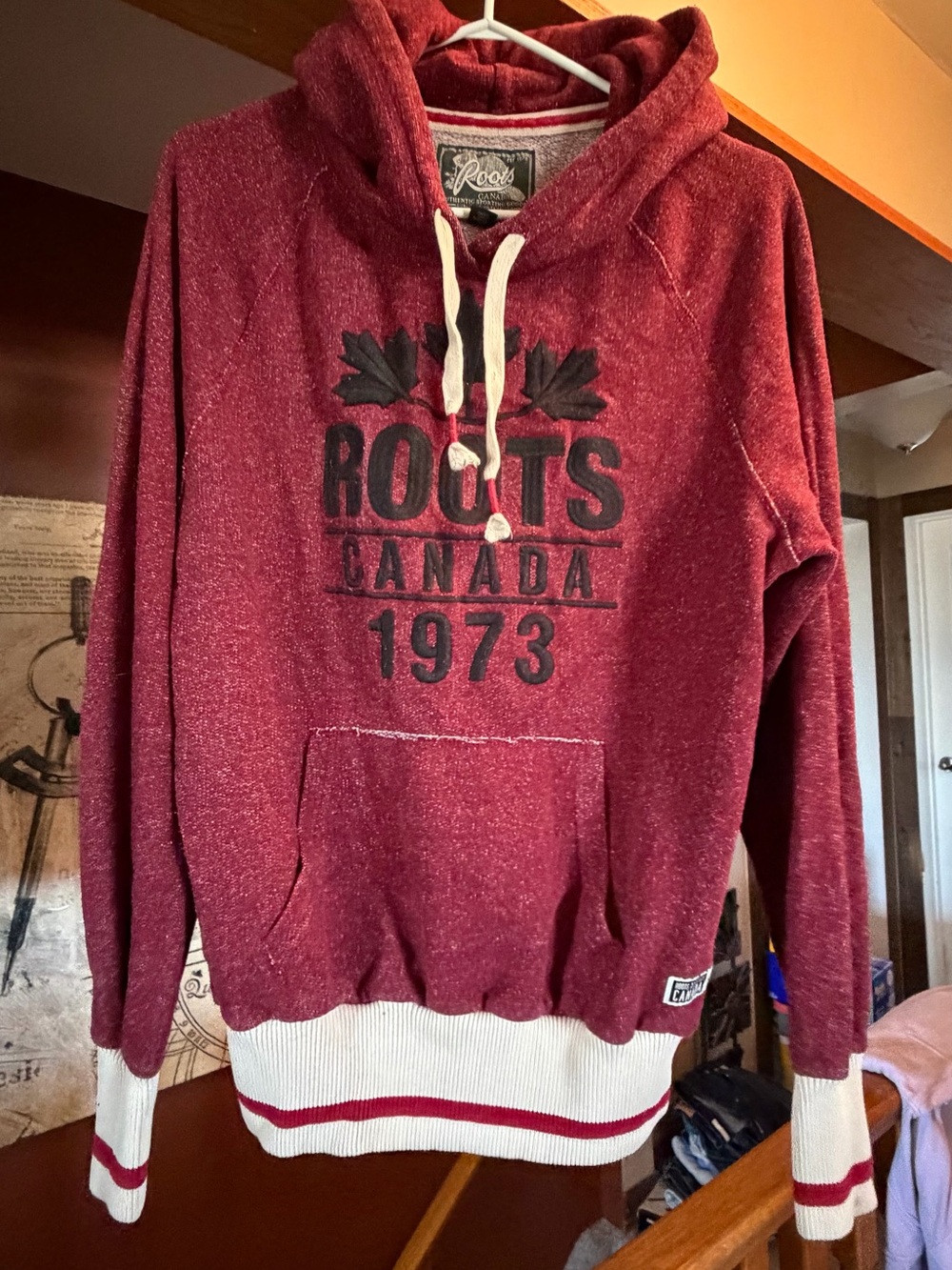 Roots Cabin Men's Maroon Zip-Up Hoodie with Cream Accents